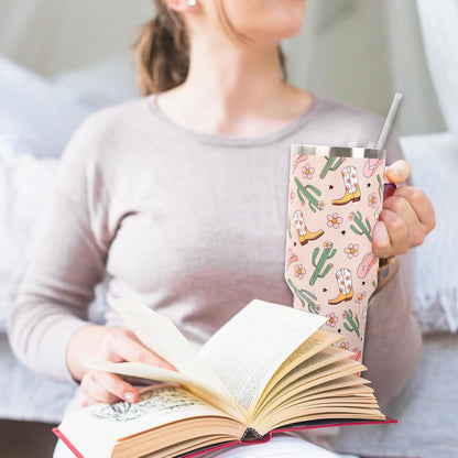 Cowgirl Tumbler with Straw and Lid 40oz Pink Cowgirl Boots Hat Cactus Flower Stainless Steel Cup with Handle Western Theme Travel Coffee Tumbler Cup for Home Office