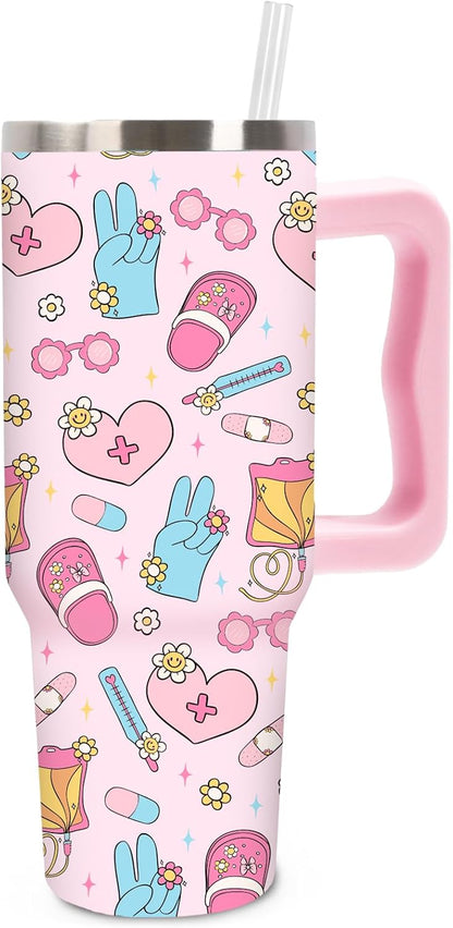 Cowgirl Tumbler with Straw and Lid 40oz Pink Cowgirl Boots Hat Cactus Flower Stainless Steel Cup with Handle Western Theme Travel Coffee Tumbler Cup for Home Office