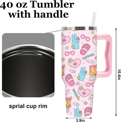 Cowgirl Tumbler with Straw and Lid 40oz Pink Cowgirl Boots Hat Cactus Flower Stainless Steel Cup with Handle Western Theme Travel Coffee Tumbler Cup for Home Office