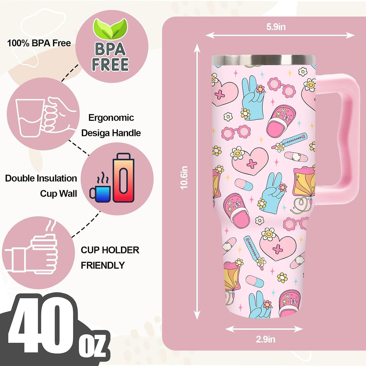 Cowgirl Tumbler with Straw and Lid 40oz Pink Cowgirl Boots Hat Cactus Flower Stainless Steel Cup with Handle Western Theme Travel Coffee Tumbler Cup for Home Office