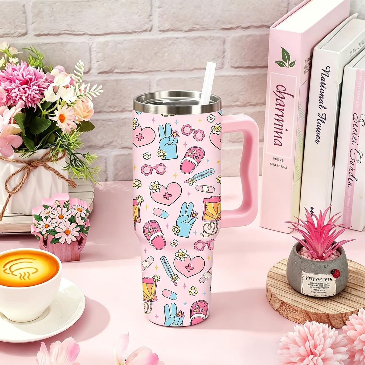 Cowgirl Tumbler with Straw and Lid 40oz Pink Cowgirl Boots Hat Cactus Flower Stainless Steel Cup with Handle Western Theme Travel Coffee Tumbler Cup for Home Office