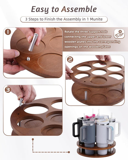 Rotating Wood Tumbler Organizer, 30 oz 40 oz Spinning Turnable Tumblers Holder, 360° Rotatable 7 Large Cups Bottle Tumbler Storage Display Stand, Rotate Syrup Organizer for Cabinet Countertop