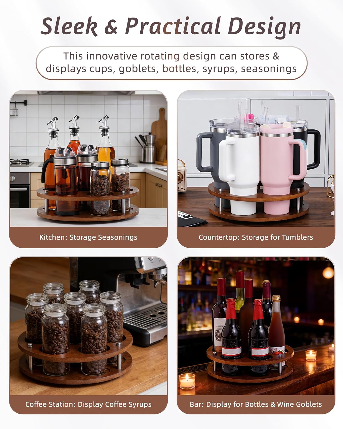 Rotating Wood Tumbler Organizer, 30 oz 40 oz Spinning Turnable Tumblers Holder, 360° Rotatable 7 Large Cups Bottle Tumbler Storage Display Stand, Rotate Syrup Organizer for Cabinet Countertop