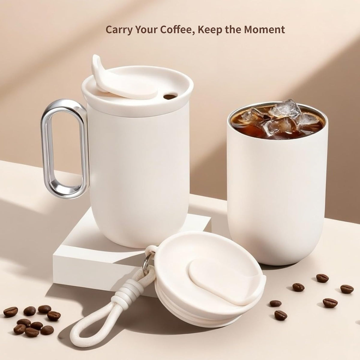 Coffee Tumbler Insulated Mug with Carrying Rope, Spill-Resistant Travel Coffee Mug for Office Car Use - 8oz (Grey,Small)