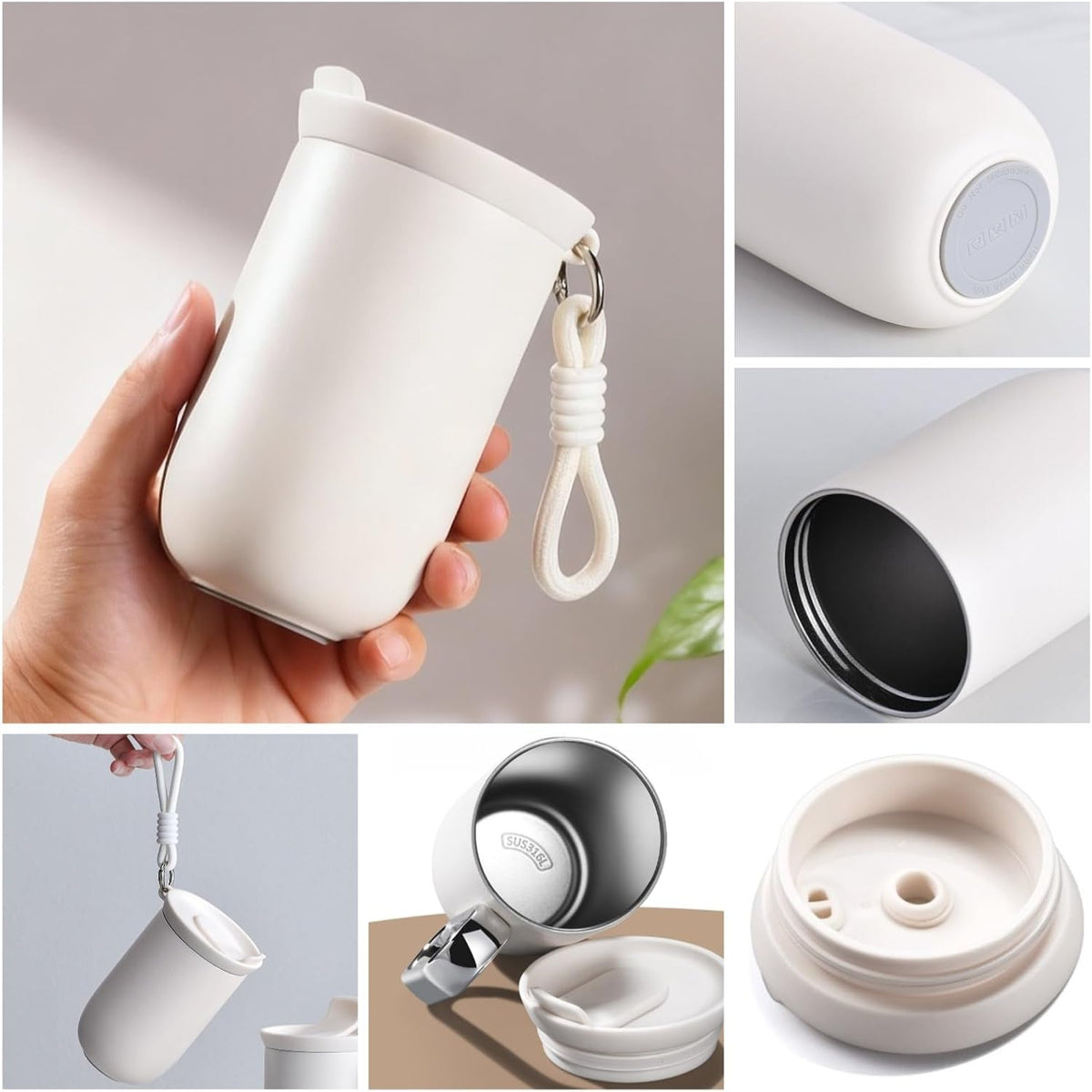 Coffee Tumbler Insulated Mug with Carrying Rope, Spill-Resistant Travel Coffee Mug for Office Car Use - 8oz (Grey,Small)