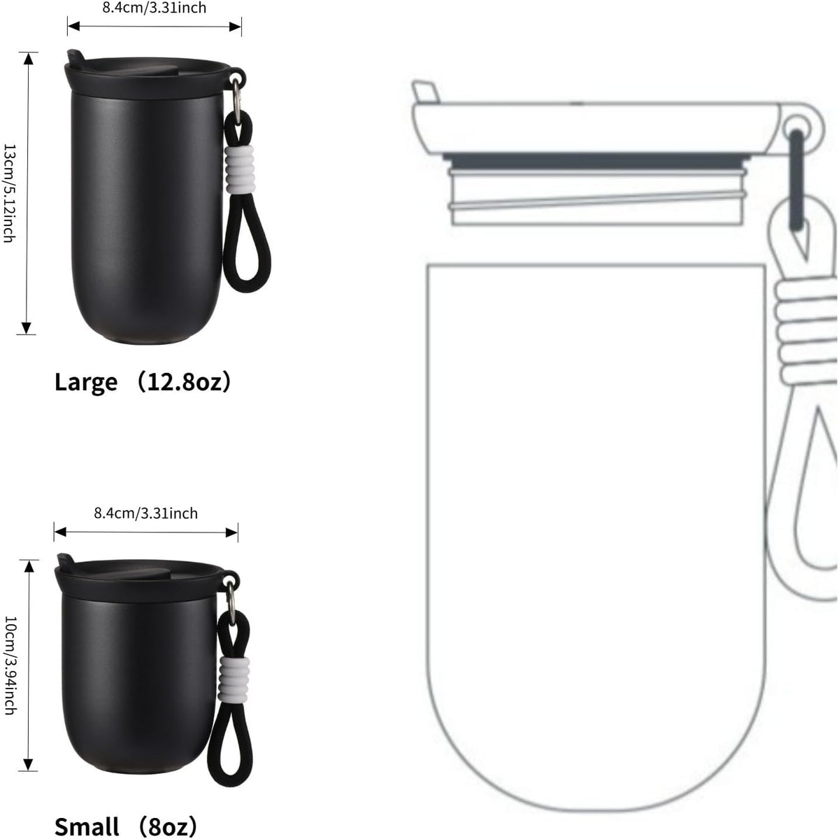 Coffee Tumbler Insulated Mug with Carrying Rope, Spill-Resistant Travel Coffee Mug for Office Car Use - 8oz (Grey,Small)
