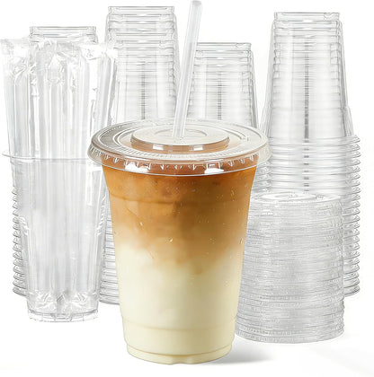 25 Pack 16oz Leak-Proof Clear Plastic Cups with Lids and Straws