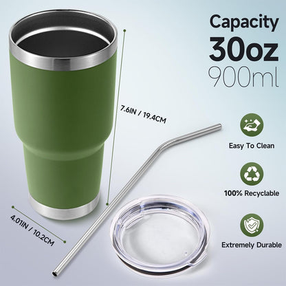 Volhoply 30oz Insulated Tumbler with Lid and Straw, Double Wall Inner & Outer 304 Stainless Steel Coffee Cup, Travel Mug Reusable Thermal Cup for Cold & Hot Drinks (Army Green,1 Pack)