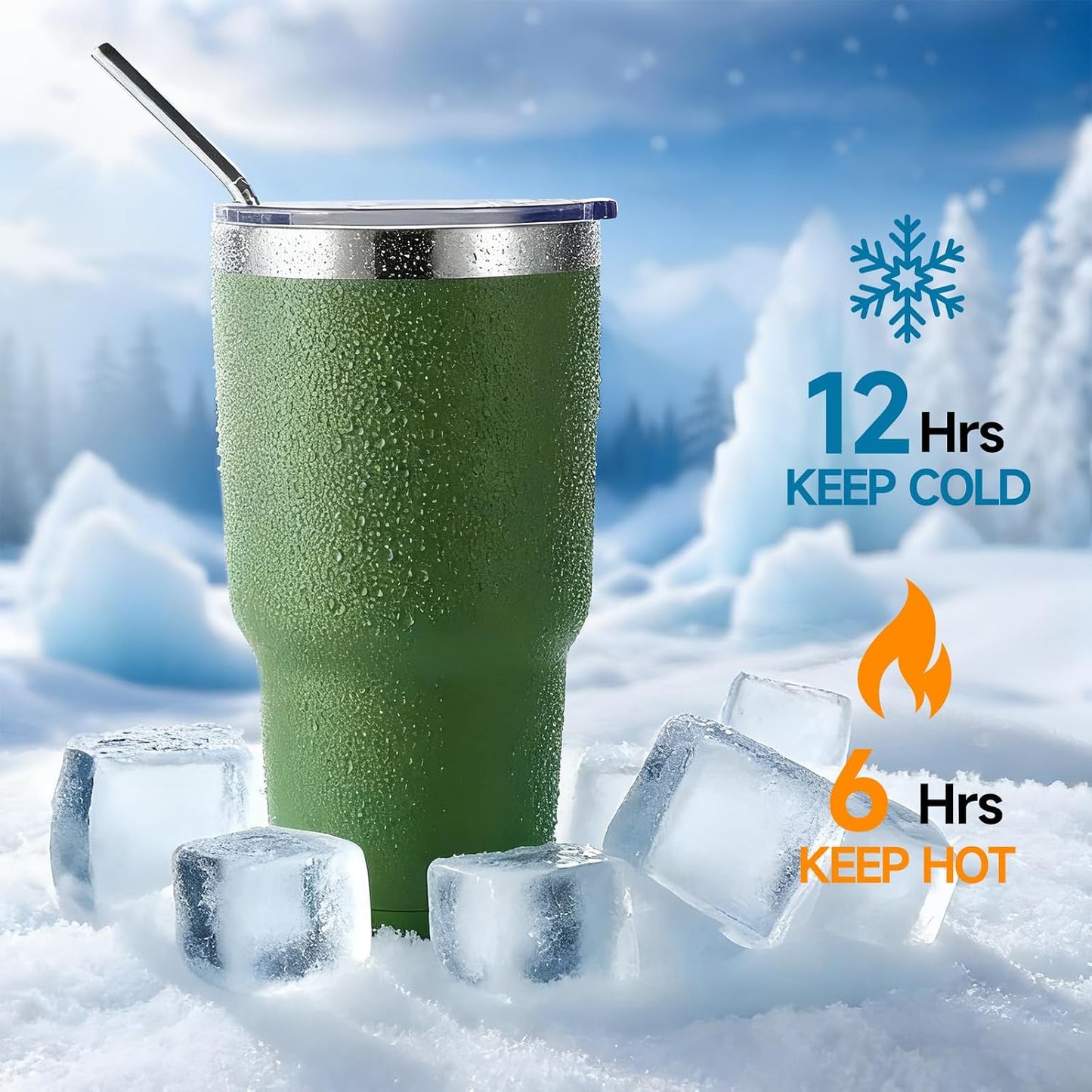 Volhoply 30oz Insulated Tumbler with Lid and Straw, Double Wall Inner & Outer 304 Stainless Steel Coffee Cup, Travel Mug Reusable Thermal Cup for Cold & Hot Drinks (Army Green,1 Pack)