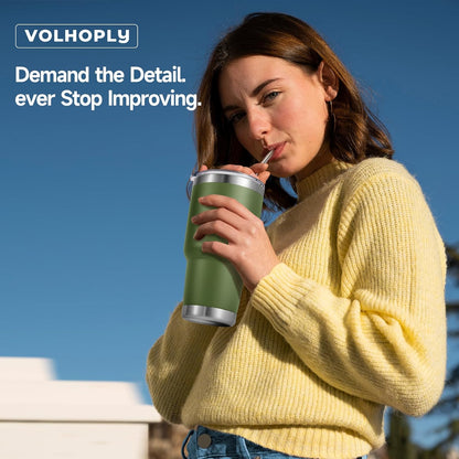 Volhoply 30oz Insulated Tumbler with Lid and Straw, Double Wall Inner & Outer 304 Stainless Steel Coffee Cup, Travel Mug Reusable Thermal Cup for Cold & Hot Drinks (Army Green,1 Pack)