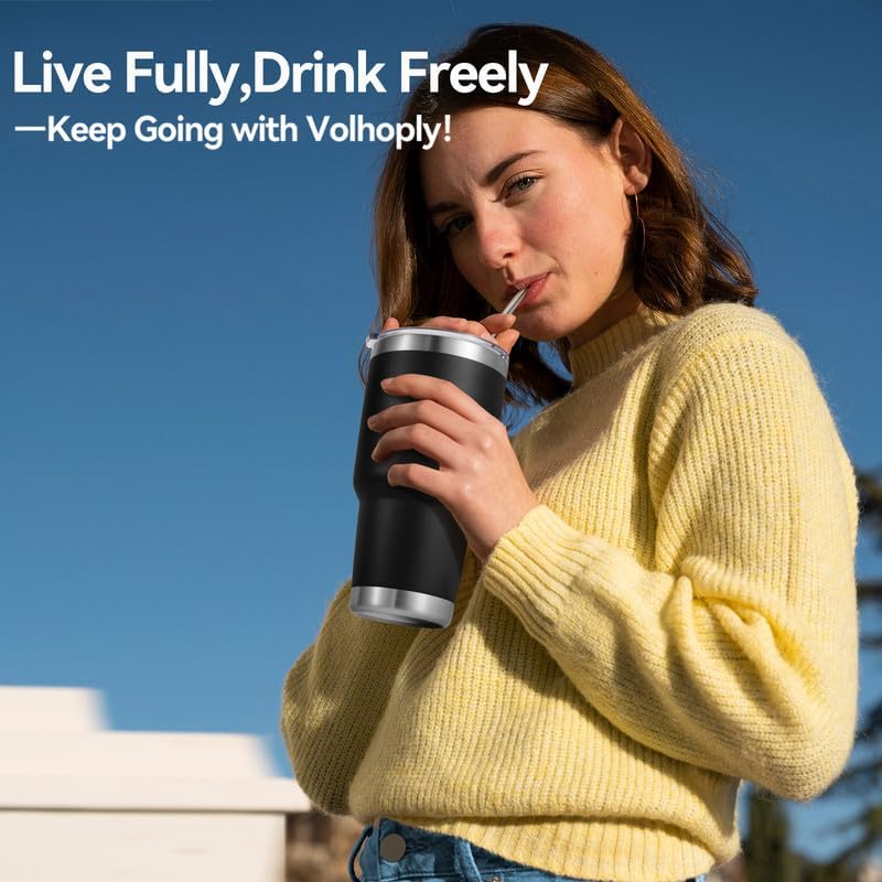 Volhoply 30oz Insulated Tumbler with Lid and Straw, Double Wall Inner & Outer 304 Stainless Steel Coffee Cup, Travel Mug Reusable Thermal Cup for Cold & Hot Drinks (Army Green,1 Pack)