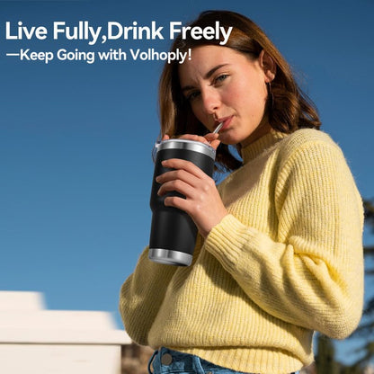 Volhoply 30oz Insulated Tumbler with Lid and Straw, Double Wall Inner & Outer 304 Stainless Steel Coffee Cup, Travel Mug Reusable Thermal Cup for Cold & Hot Drinks (Army Green,1 Pack)
