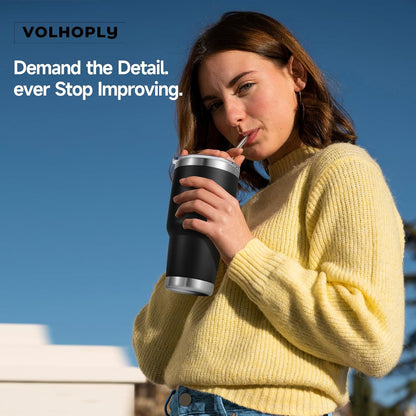 Volhoply 30oz Insulated Tumbler with Lid and Straw, Double Wall Inner & Outer 304 Stainless Steel Coffee Cup, Travel Mug Reusable Thermal Cup for Cold & Hot Drinks (Army Green,1 Pack)