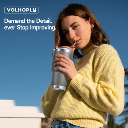 Volhoply 30oz Insulated Tumbler with Lid and Straw, Double Wall Inner & Outer 304 Stainless Steel Coffee Cup, Travel Mug Reusable Thermal Cup for Cold & Hot Drinks (Army Green,1 Pack)