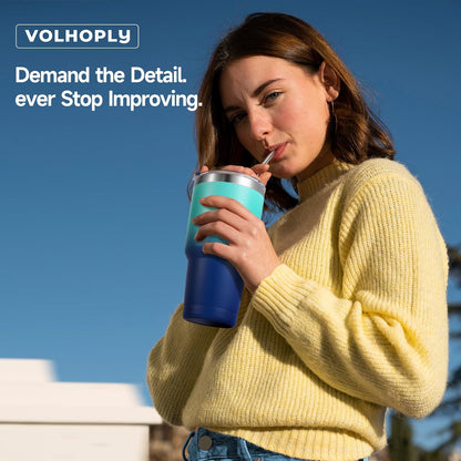 Volhoply 30oz Insulated Tumbler with Lid and Straw, Double Wall Inner & Outer 304 Stainless Steel Coffee Cup, Travel Mug Reusable Thermal Cup for Cold & Hot Drinks (Army Green,1 Pack)