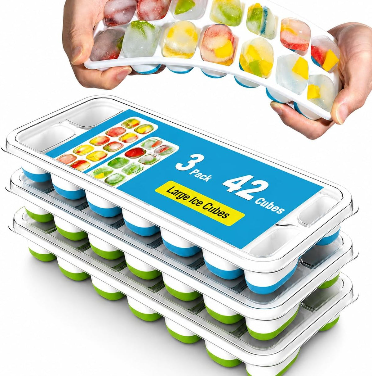 Ice Cube Trays with Lid for Freezer, Flexible Silicone Bottom for Easy Release, Stackable Space-Saving Ice Molds, 1.2" Cubes Color-Coded (2 Green 1 Blue) for Juice, Coffee & Cocktails, BPA Free