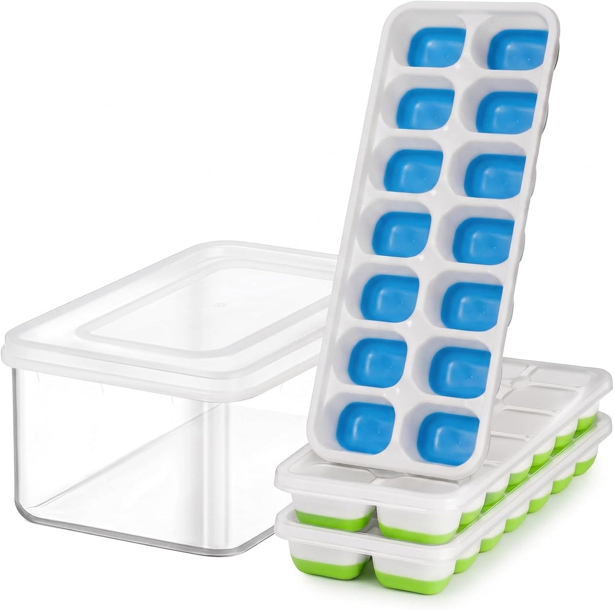 Ice Cube Trays with Lid for Freezer, Flexible Silicone Bottom for Easy Release, Stackable Space-Saving Ice Molds, 1.2" Cubes Color-Coded (2 Green 1 Blue) for Juice, Coffee & Cocktails, BPA Free
