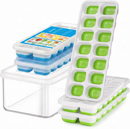 Ice Cube Trays with Lid for Freezer, Flexible Silicone Bottom for Easy Release, Stackable Space-Saving Ice Molds, 1.2" Cubes Color-Coded (2 Green 1 Blue) for Juice, Coffee & Cocktails, BPA Free