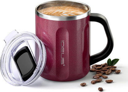16 oz Insulated Coffee Mug with Handle and Lid, Double Wall Stainless Steel Vacuum Thermal Coffee Mug, Travel Coffee Cup Thermal Cup for Home and Office (Storm Black, FUJI DAWN) - Colors A