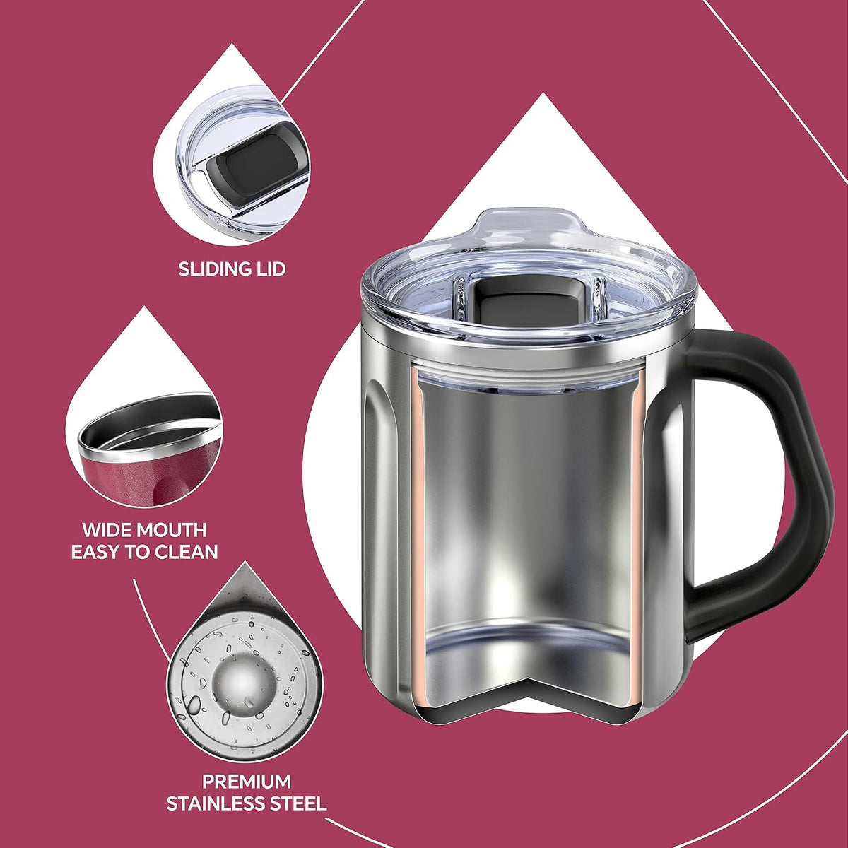 16 oz Insulated Coffee Mug with Handle and Lid, Double Wall Stainless Steel Vacuum Thermal Coffee Mug, Travel Coffee Cup Thermal Cup for Home and Office (Storm Black, FUJI DAWN) - Colors A