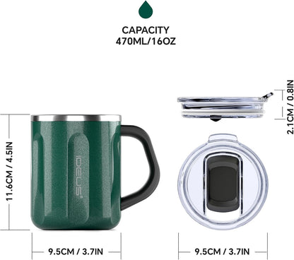 16 oz Insulated Coffee Mug with Handle and Lid, Double Wall Stainless Steel Vacuum Thermal Coffee Mug, Travel Coffee Cup Thermal Cup for Home and Office (Storm Black, FUJI DAWN) - Colors A