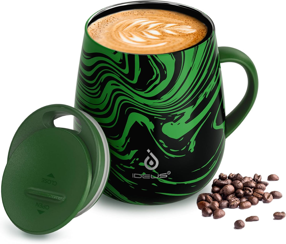 16 oz Insulated Coffee Mug with Handle and Lid, Double Wall Stainless Steel Vacuum Thermal Coffee Mug, Travel Coffee Cup Thermal Cup for Home and Office (Storm Black, FUJI DAWN) - Colors A