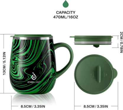 16 oz Insulated Coffee Mug with Handle and Lid, Double Wall Stainless Steel Vacuum Thermal Coffee Mug, Travel Coffee Cup Thermal Cup for Home and Office (Storm Black, FUJI DAWN) - Colors A