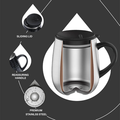 16 oz Insulated Coffee Mug with Handle and Lid, Double Wall Stainless Steel Vacuum Thermal Coffee Mug, Travel Coffee Cup Thermal Cup for Home and Office (Storm Black, FUJI DAWN) - Colors A