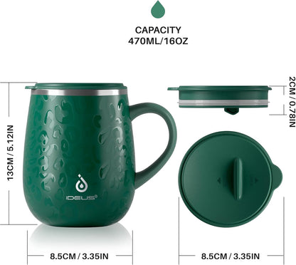 16 oz Insulated Coffee Mug with Handle and Lid, Double Wall Stainless Steel Vacuum Thermal Coffee Mug, Travel Coffee Cup Thermal Cup for Home and Office (Storm Black, FUJI DAWN) - Colors A