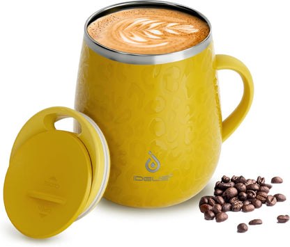 16 oz Insulated Coffee Mug with Handle and Lid, Double Wall Stainless Steel Vacuum Thermal Coffee Mug, Travel Coffee Cup Thermal Cup for Home and Office (Storm Black, FUJI DAWN) - Colors A