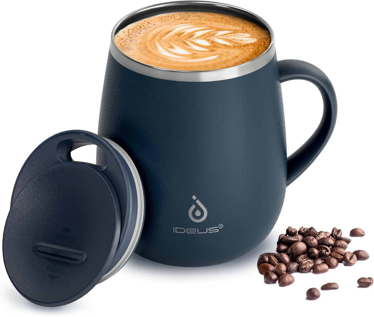 16 oz Insulated Coffee Mug with Handle and Lid, Double Wall Stainless Steel Vacuum Thermal Coffee Mug, Travel Coffee Cup Thermal Cup for Home and Office (Storm Black, FUJI DAWN) - Colors A