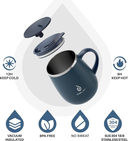 16 oz Insulated Coffee Mug with Handle and Lid, Double Wall Stainless Steel Vacuum Thermal Coffee Mug, Travel Coffee Cup Thermal Cup for Home and Office (Storm Black, FUJI DAWN) - Colors A