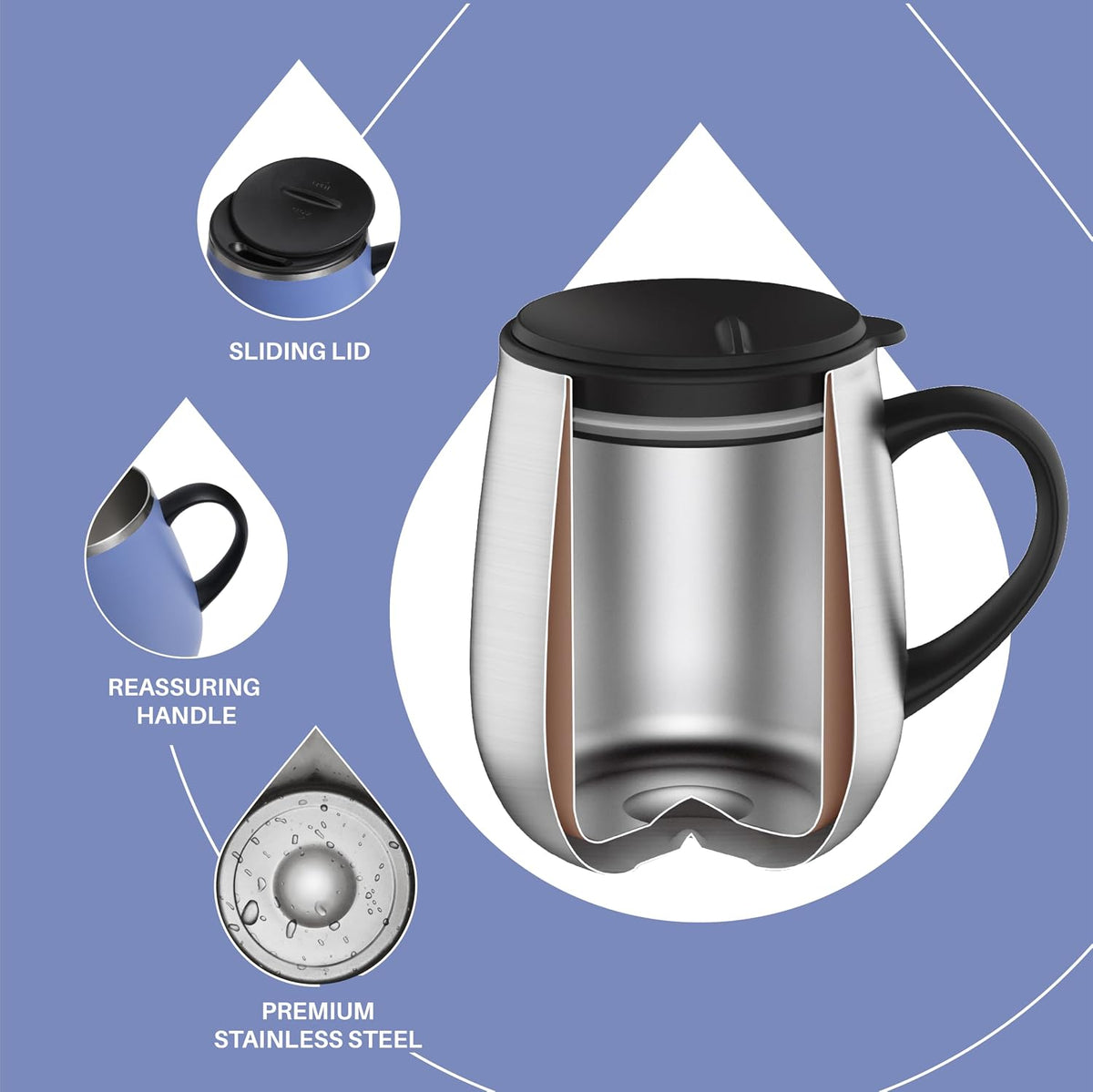 16 oz Insulated Coffee Mug with Handle and Lid, Double Wall Stainless Steel Vacuum Thermal Coffee Mug, Travel Coffee Cup Thermal Cup for Home and Office (Storm Black, FUJI DAWN) - Colors A