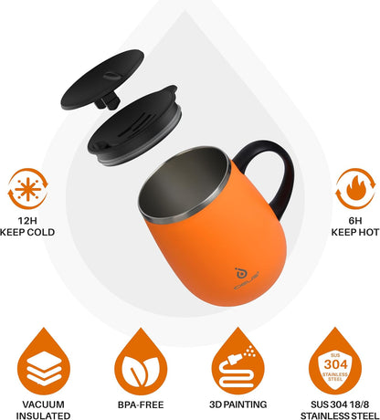 16 oz Insulated Coffee Mug with Handle and Lid, Double Wall Stainless Steel Vacuum Thermal Coffee Mug, Travel Coffee Cup Thermal Cup for Home and Office (Storm Black, FUJI DAWN) - Colors A