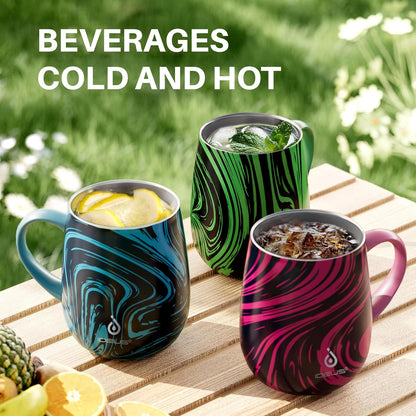 16 oz Insulated Coffee Mug with Handle and Lid, Double Wall Stainless Steel Vacuum Thermal Coffee Mug, Travel Coffee Cup Thermal Cup for Home and Office (Storm Black, FUJI DAWN) - Colors A
