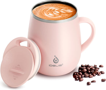 16 oz Insulated Coffee Mug with Handle and Lid, Double Wall Stainless Steel Vacuum Thermal Coffee Mug, Travel Coffee Cup Thermal Cup for Home and Office (Storm Black, FUJI DAWN) - Colors A