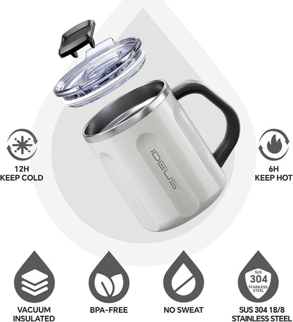 16 oz Insulated Coffee Mug with Handle and Lid, Double Wall Stainless Steel Vacuum Thermal Coffee Mug, Travel Coffee Cup Thermal Cup for Home and Office (Storm Black, FUJI DAWN) - Colors A