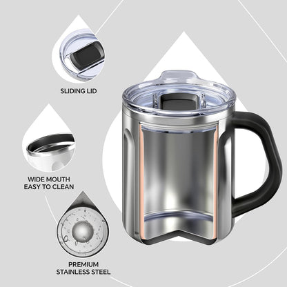 16 oz Insulated Coffee Mug with Handle and Lid, Double Wall Stainless Steel Vacuum Thermal Coffee Mug, Travel Coffee Cup Thermal Cup for Home and Office (Storm Black, FUJI DAWN) - Colors A