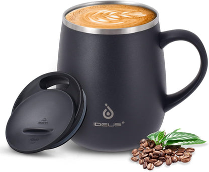 16 oz Insulated Coffee Mug with Handle and Lid, Double Wall Stainless Steel Vacuum Thermal Coffee Mug, Travel Coffee Cup Thermal Cup for Home and Office (Storm Black, FUJI DAWN) - Colors A