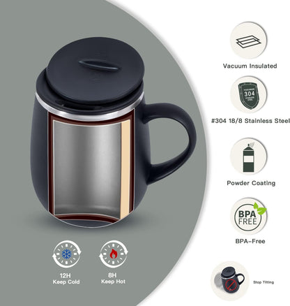 16 oz Insulated Coffee Mug with Handle and Lid, Double Wall Stainless Steel Vacuum Thermal Coffee Mug, Travel Coffee Cup Thermal Cup for Home and Office (Storm Black, FUJI DAWN) - Colors A