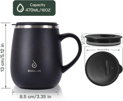 16 oz Insulated Coffee Mug with Handle and Lid, Double Wall Stainless Steel Vacuum Thermal Coffee Mug, Travel Coffee Cup Thermal Cup for Home and Office (Storm Black, FUJI DAWN) - Colors A