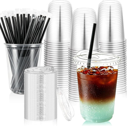 100 Set 16oz Clear Plastic Cups with Sip Lids and Straws,Disposable iced coffee cups with lids for Cold Drinks,Smoothies, Juices,Round Bottom To Go Coffee Cups for Party,Picnic (16, ounces)
