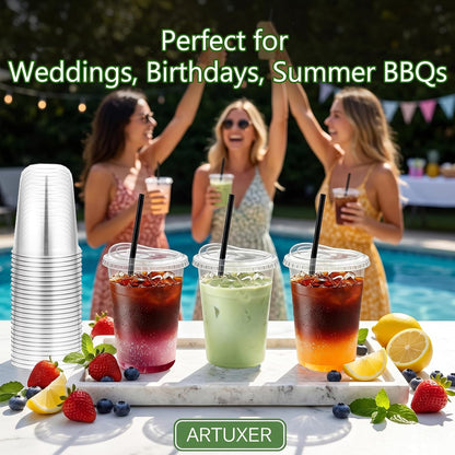 100 Set 16oz Clear Plastic Cups with Sip Lids and Straws,Disposable iced coffee cups with lids for Cold Drinks,Smoothies, Juices,Round Bottom To Go Coffee Cups for Party,Picnic (16, ounces)