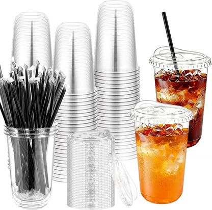 100 Set 16oz Clear Plastic Cups with Sip Lids and Straws,Disposable iced coffee cups with lids for Cold Drinks,Smoothies, Juices,Round Bottom To Go Coffee Cups for Party,Picnic (16, ounces)