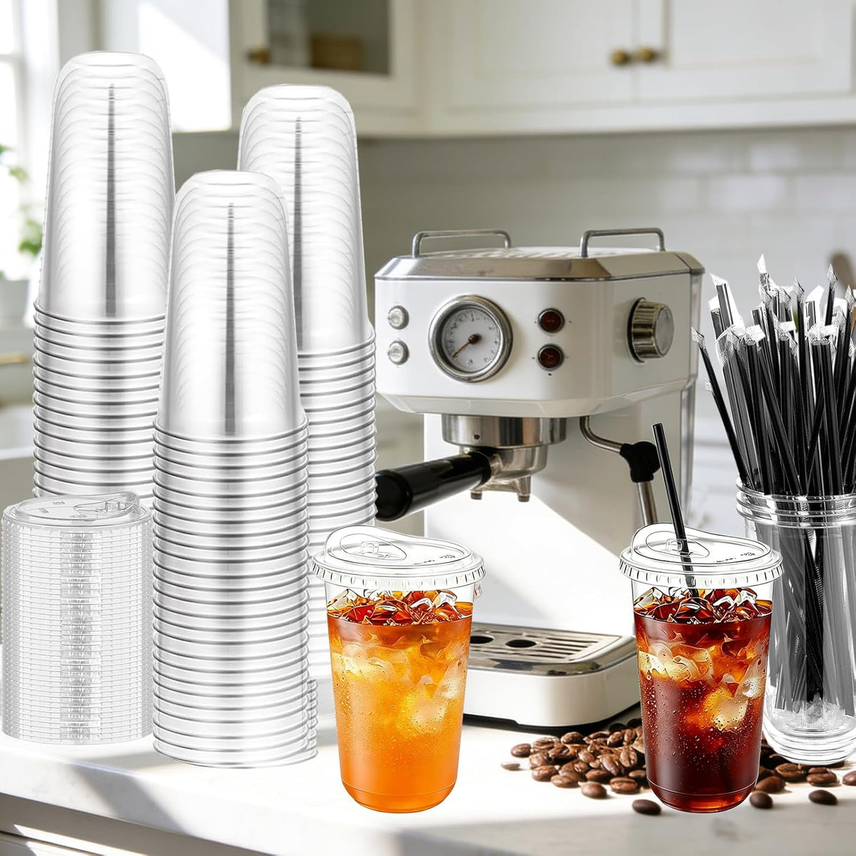 100 Set 16oz Clear Plastic Cups with Sip Lids and Straws,Disposable iced coffee cups with lids for Cold Drinks,Smoothies, Juices,Round Bottom To Go Coffee Cups for Party,Picnic (16, ounces)