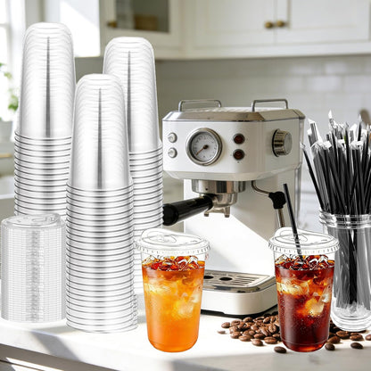 100 Set 16oz Clear Plastic Cups with Sip Lids and Straws,Disposable iced coffee cups with lids for Cold Drinks,Smoothies, Juices,Round Bottom To Go Coffee Cups for Party,Picnic (16, ounces)