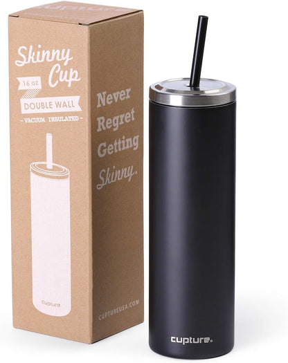 Stainless Steel Skinny Insulated Tumbler Cup with Lid and Reusable Straw - 16 oz (Jet Black)