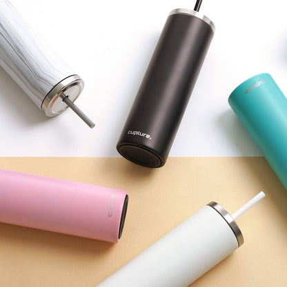 Stainless Steel Skinny Insulated Tumbler Cup with Lid and Reusable Straw - 16 oz (Jet Black)