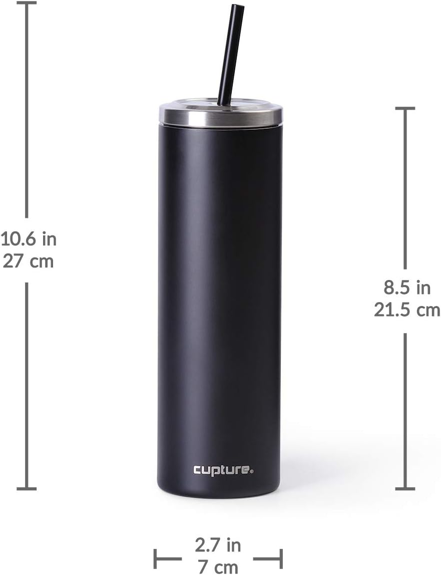 Stainless Steel Skinny Insulated Tumbler Cup with Lid and Reusable Straw - 16 oz (Jet Black)