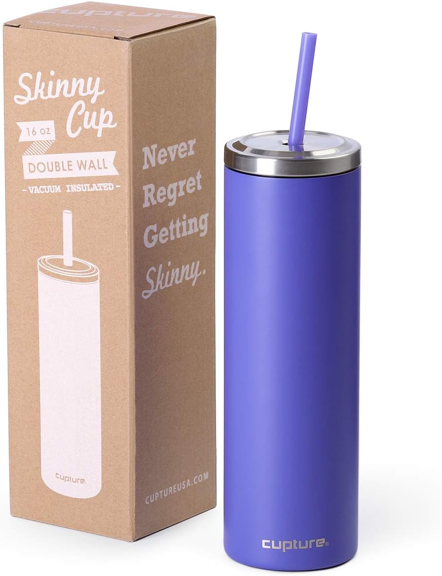 Stainless Steel Skinny Insulated Tumbler Cup with Lid and Reusable Straw - 16 oz (Jet Black)
